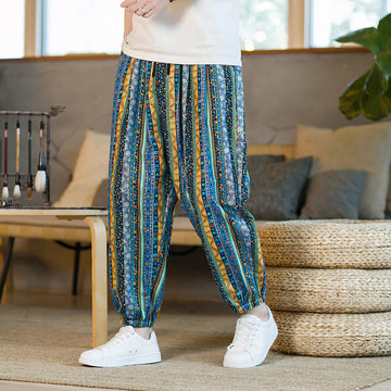 Colorful Stripes Cotton Linen Men's Ankle-Length Harem Pants With Pockets