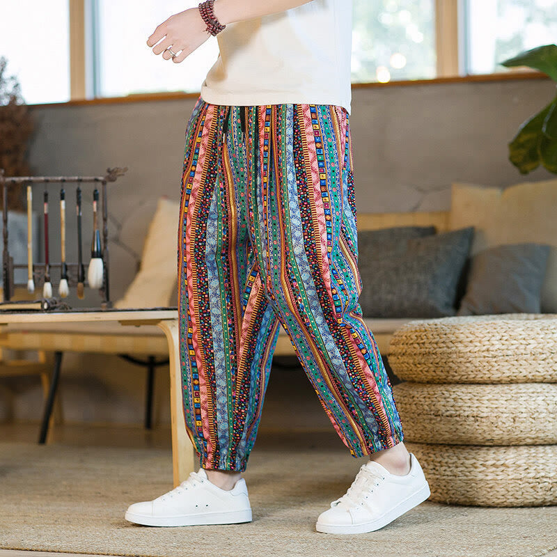 Colorful Stripes Cotton Linen Men's Ankle-Length Harem Pants With Pockets
