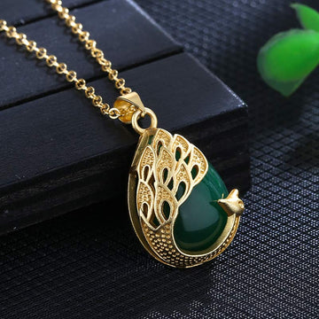 Green Chalcedony Peacock Pendant Necklace