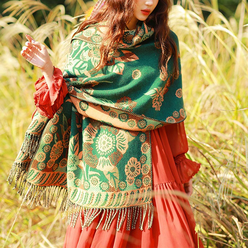 Tibetan Flower Floral Leaves Pattern Design Shawl Cozy Travel Scarf Wrap