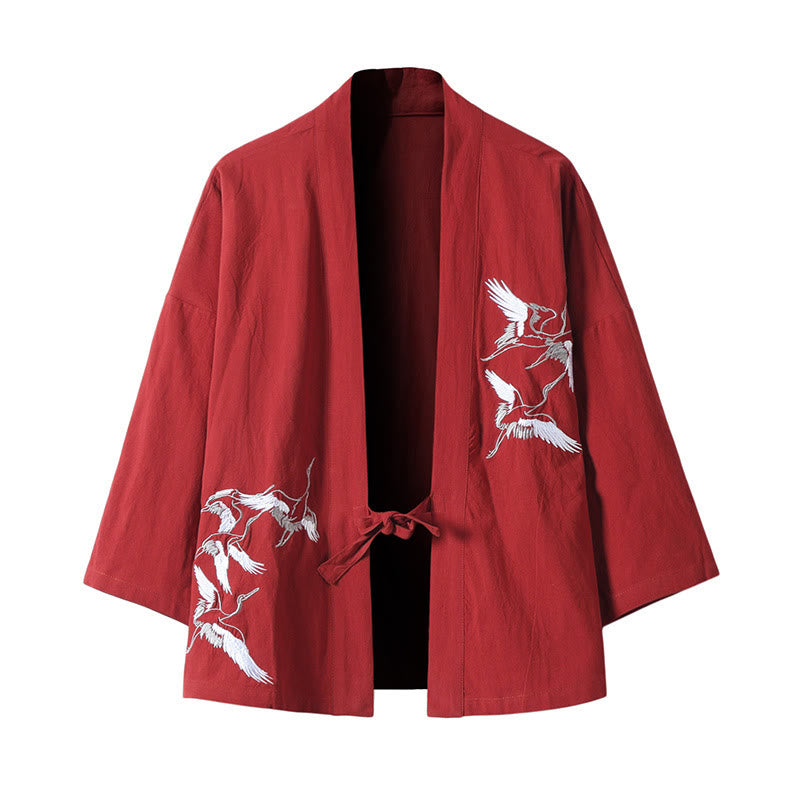 Embroidery Flying White Cranes Cotton Linen Open Front Jacket Men's Kimono