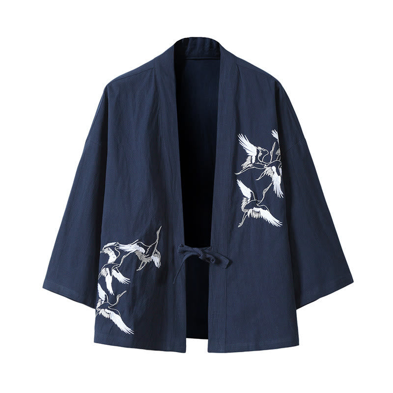 Embroidery Flying White Cranes Cotton Linen Open Front Jacket Men's Kimono