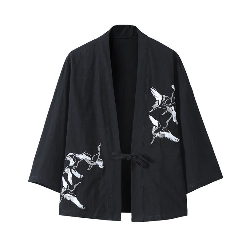 Embroidery Flying White Cranes Cotton Linen Open Front Jacket Men's Kimono