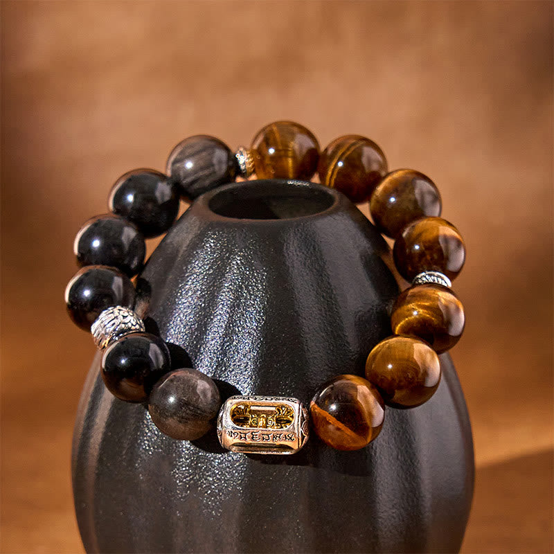 Natural Silver Sheen Obsidian & Tiger Eye Vajra Beaded Bracelet
