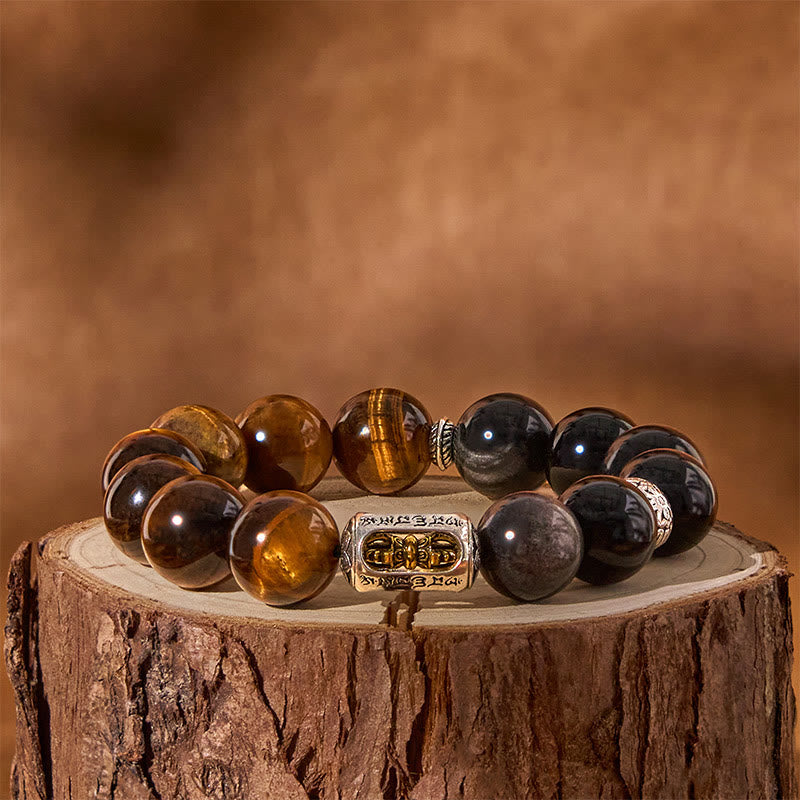 Natural Silver Sheen Obsidian & Tiger Eye Vajra Beaded Bracelet