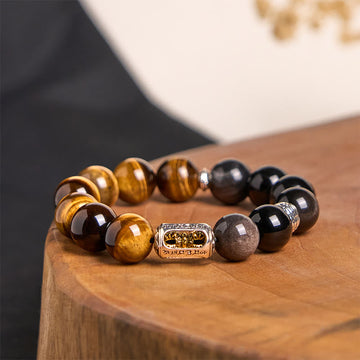 Natural Silver Sheen Obsidian & Tiger Eye Vajra Beaded Bracelet