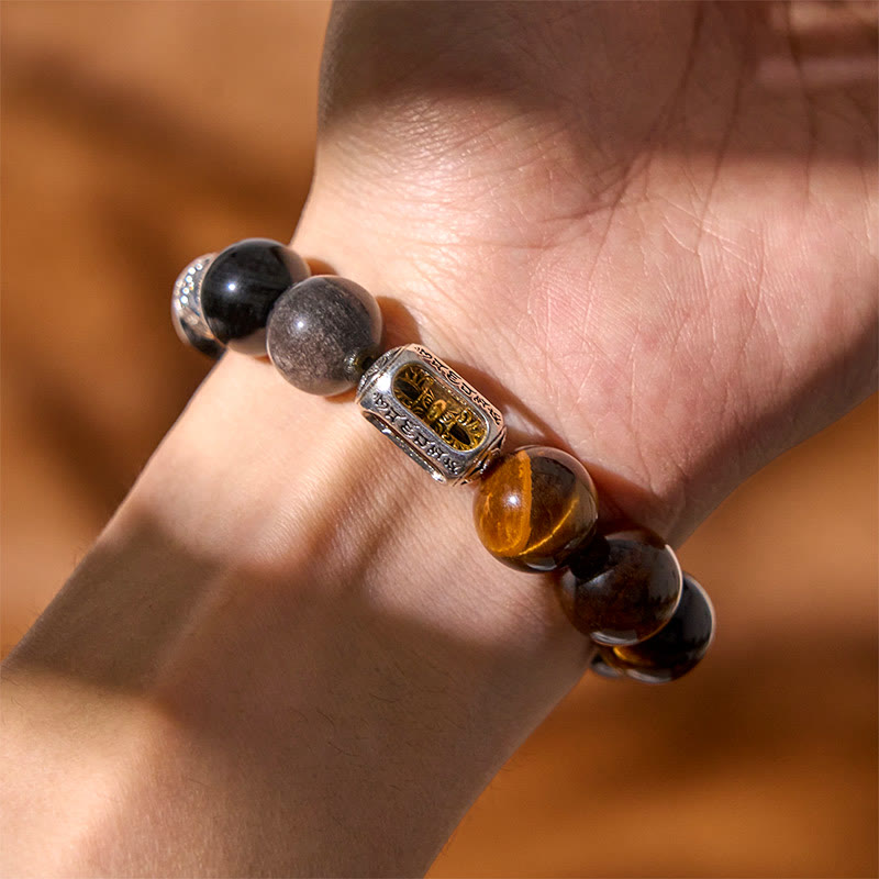 Natural Silver Sheen Obsidian & Tiger Eye Vajra Beaded Bracelet
