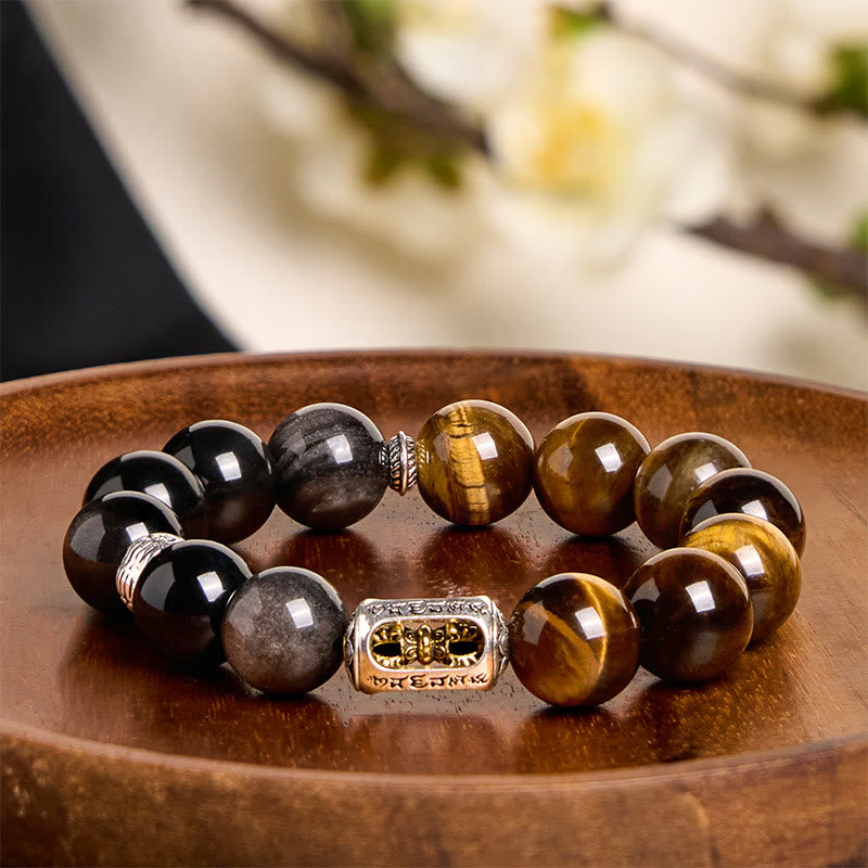 Natural Silver Sheen Obsidian & Tiger Eye Vajra Beaded Bracelet