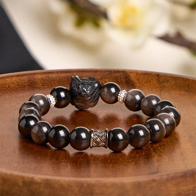 Natural Silver Sheen Obsidian Hand-Carved Guardian Lion Beaded Bracelet