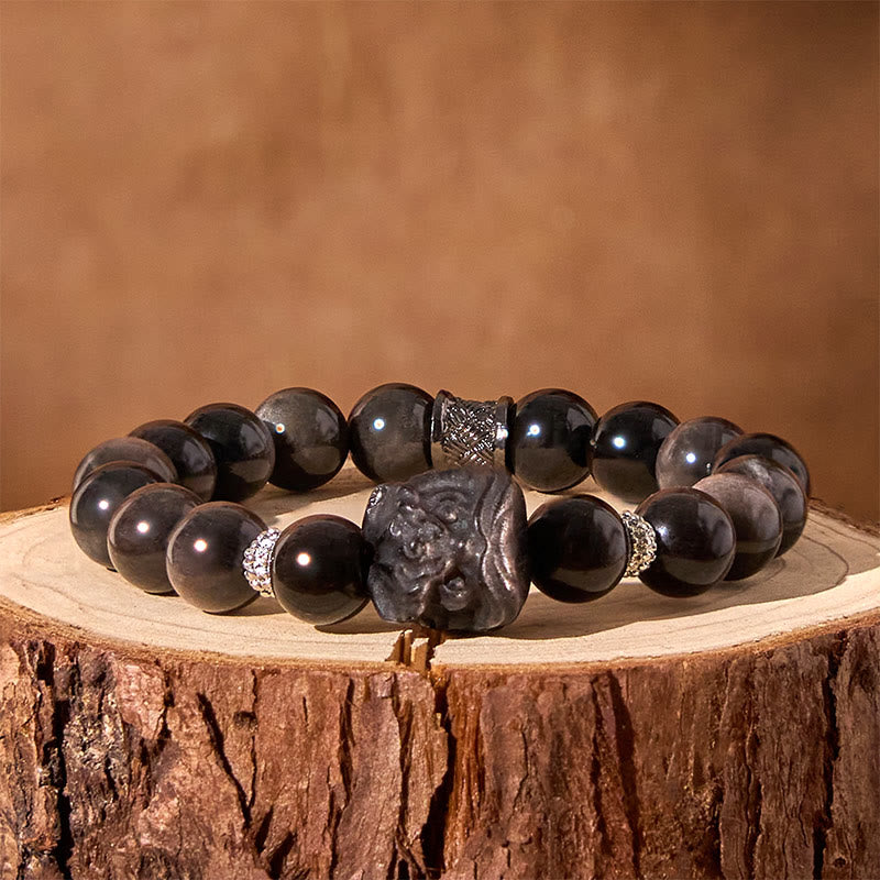 Natural Silver Sheen Obsidian Hand-Carved Guardian Lion Beaded Bracelet