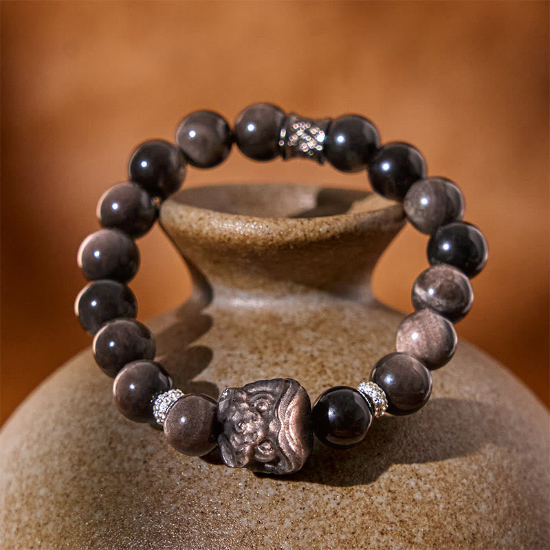 Natural Silver Sheen Obsidian Hand-Carved Guardian Lion Beaded Bracelet