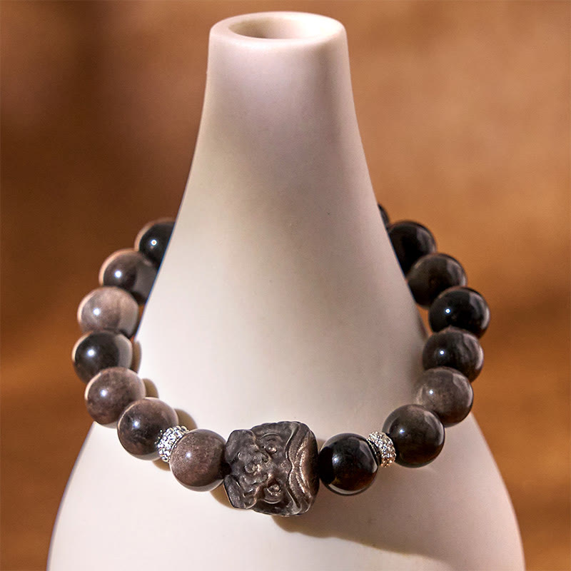 Natural Silver Sheen Obsidian Hand-Carved Guardian Lion Beaded Bracelet
