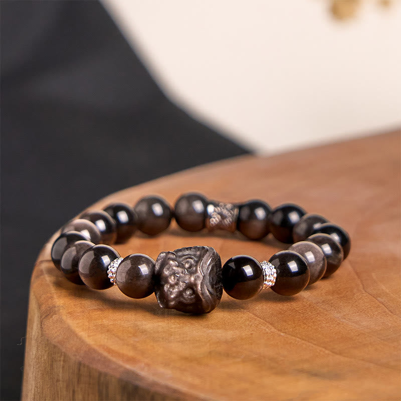 Natural Silver Sheen Obsidian Hand-Carved Guardian Lion Beaded Bracelet