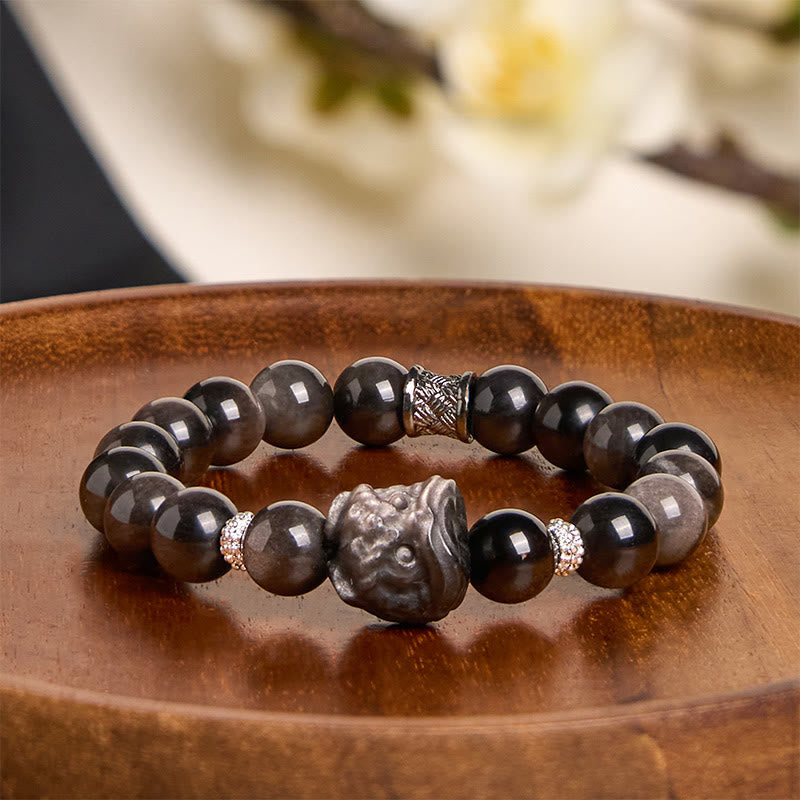Natural Silver Sheen Obsidian Hand-Carved Guardian Lion Beaded Bracelet
