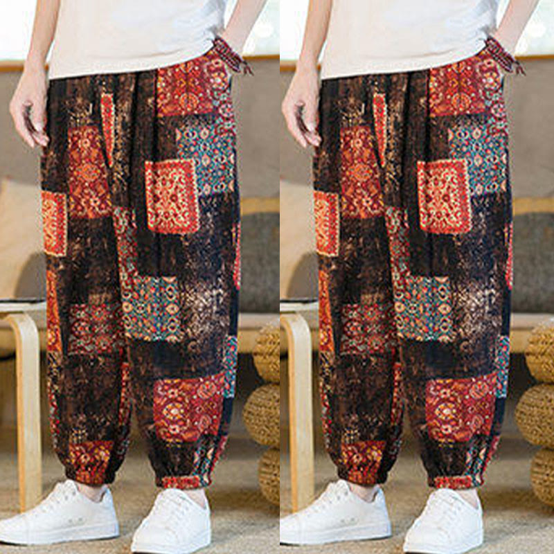 Summer Square Patchwork Cotton Linen Men's Ankle-Length Harem Pants With Pockets