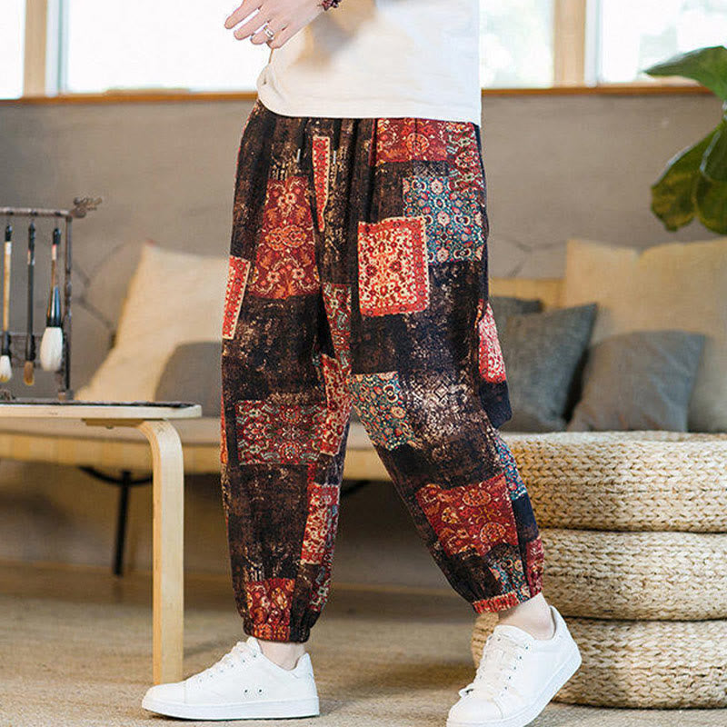 Summer Square Patchwork Cotton Linen Men's Ankle-Length Harem Pants With Pockets
