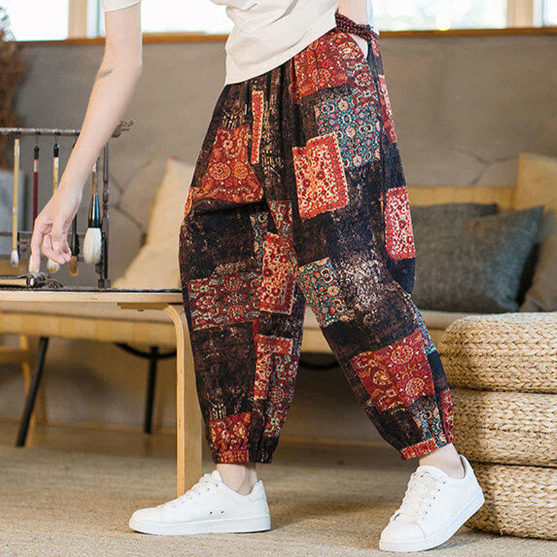Summer Square Patchwork Cotton Linen Men's Ankle-Length Harem Pants With Pockets