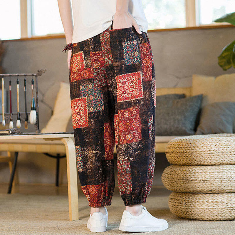 Summer Square Patchwork Cotton Linen Men's Ankle-Length Harem Pants With Pockets