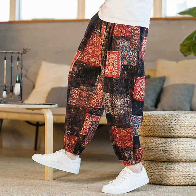 Summer Square Patchwork Cotton Linen Men's Ankle-Length Harem Pants With Pockets