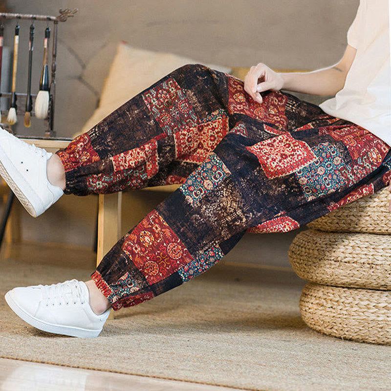 Summer Square Patchwork Cotton Linen Men's Ankle-Length Harem Pants With Pockets