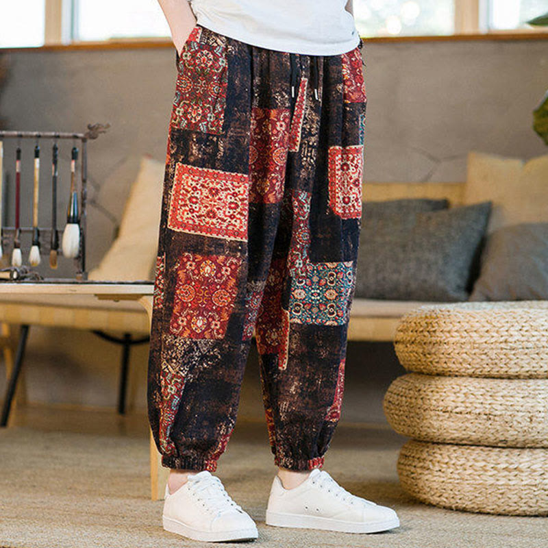 Summer Square Patchwork Cotton Linen Men's Ankle-Length Harem Pants With Pockets