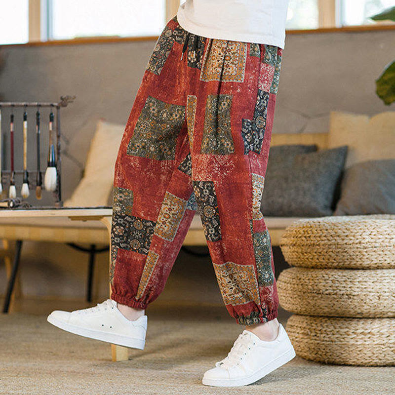 Summer Square Patchwork Cotton Linen Men's Ankle-Length Harem Pants With Pockets
