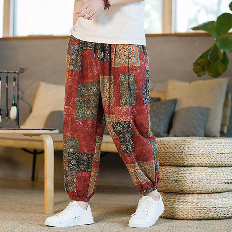 Summer Square Patchwork Cotton Linen Men's Ankle-Length Harem Pants With Pockets