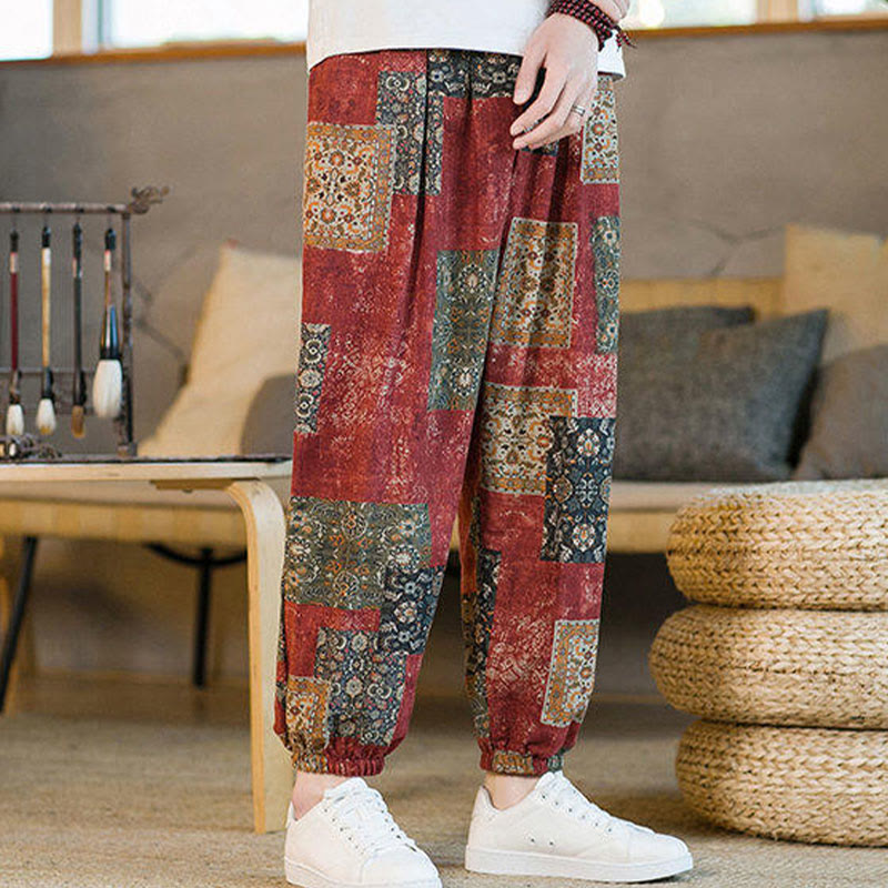 Summer Square Patchwork Cotton Linen Men's Ankle-Length Harem Pants With Pockets