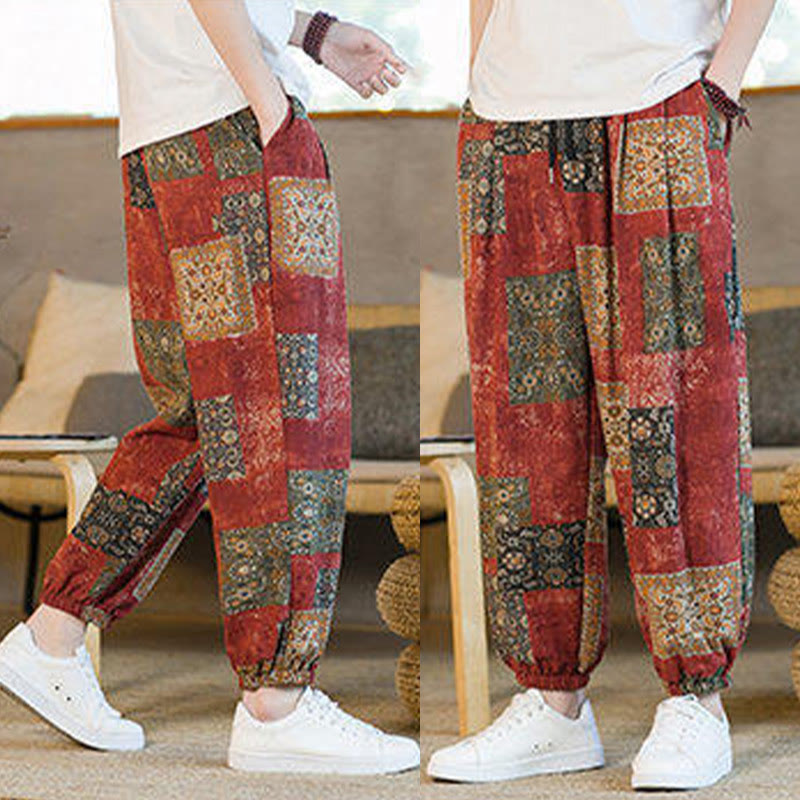 Summer Square Patchwork Cotton Linen Men's Ankle-Length Harem Pants With Pockets