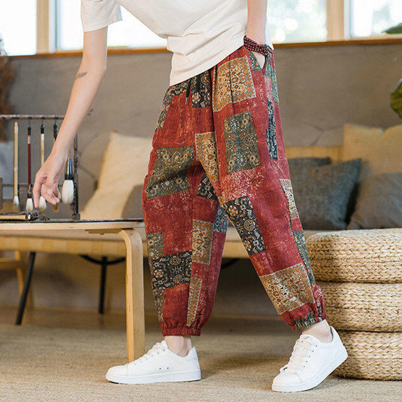 Summer Square Patchwork Cotton Linen Men's Ankle-Length Harem Pants With Pockets