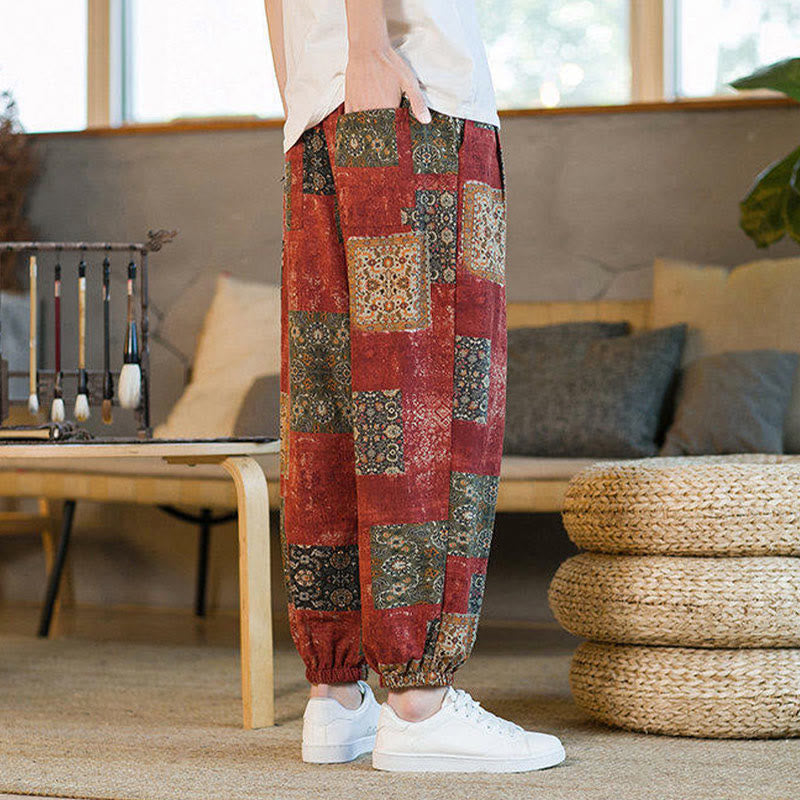 Summer Square Patchwork Cotton Linen Men's Ankle-Length Harem Pants With Pockets