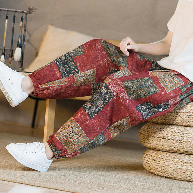 Summer Square Patchwork Cotton Linen Men's Ankle-Length Harem Pants With Pockets