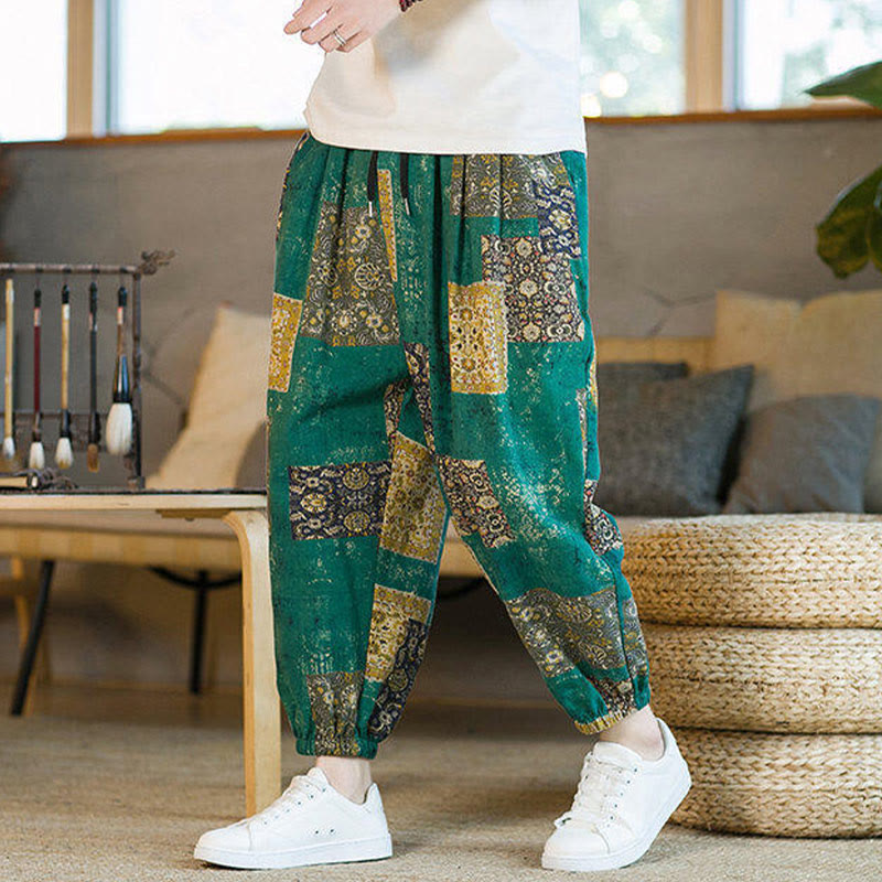 Summer Square Patchwork Cotton Linen Men's Ankle-Length Harem Pants With Pockets