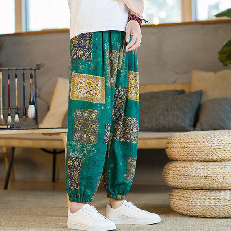 Summer Square Patchwork Cotton Linen Men's Ankle-Length Harem Pants With Pockets