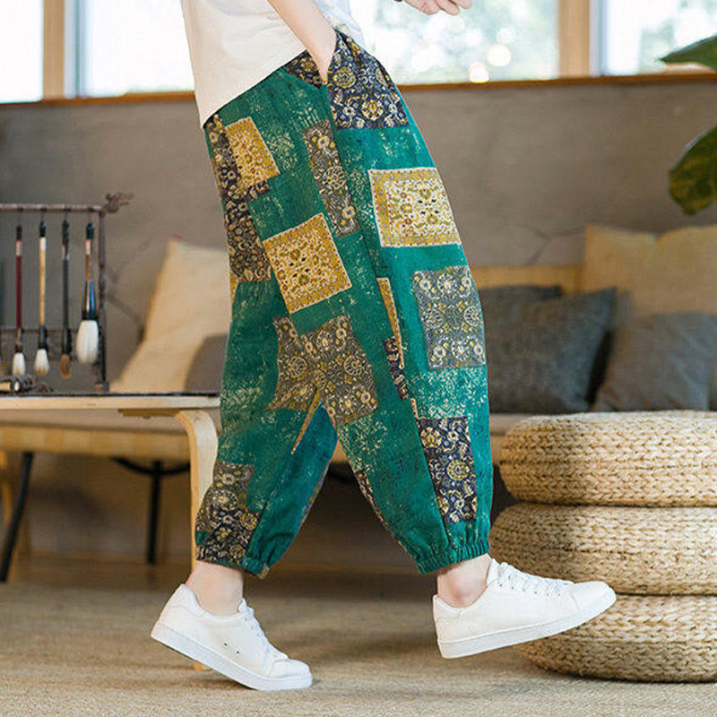 Summer Square Patchwork Cotton Linen Men's Ankle-Length Harem Pants With Pockets