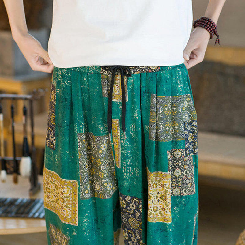 Summer Square Patchwork Cotton Linen Men's Ankle-Length Harem Pants With Pockets
