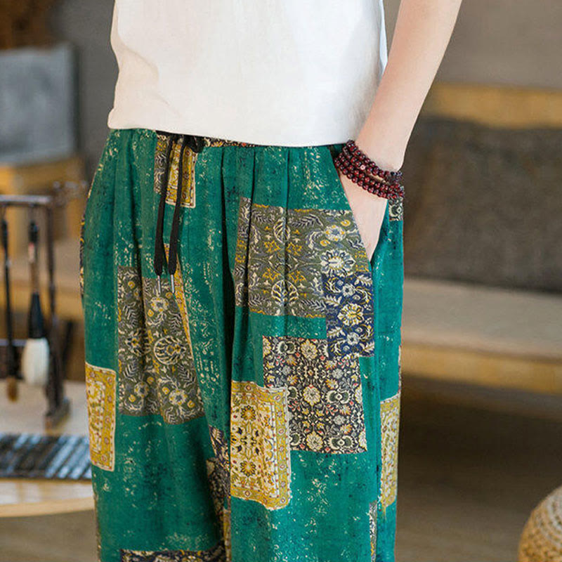 Summer Square Patchwork Cotton Linen Men's Ankle-Length Harem Pants With Pockets