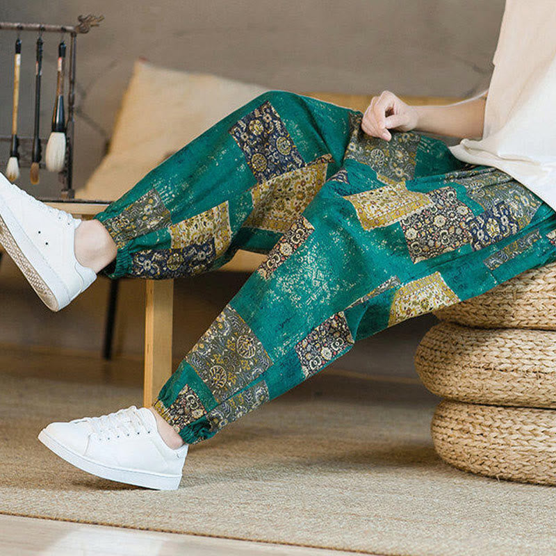 Summer Square Patchwork Cotton Linen Men's Ankle-Length Harem Pants With Pockets