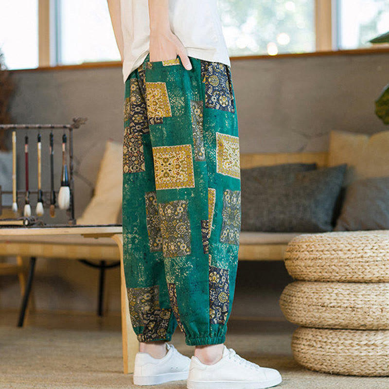 Summer Square Patchwork Cotton Linen Men's Ankle-Length Harem Pants With Pockets