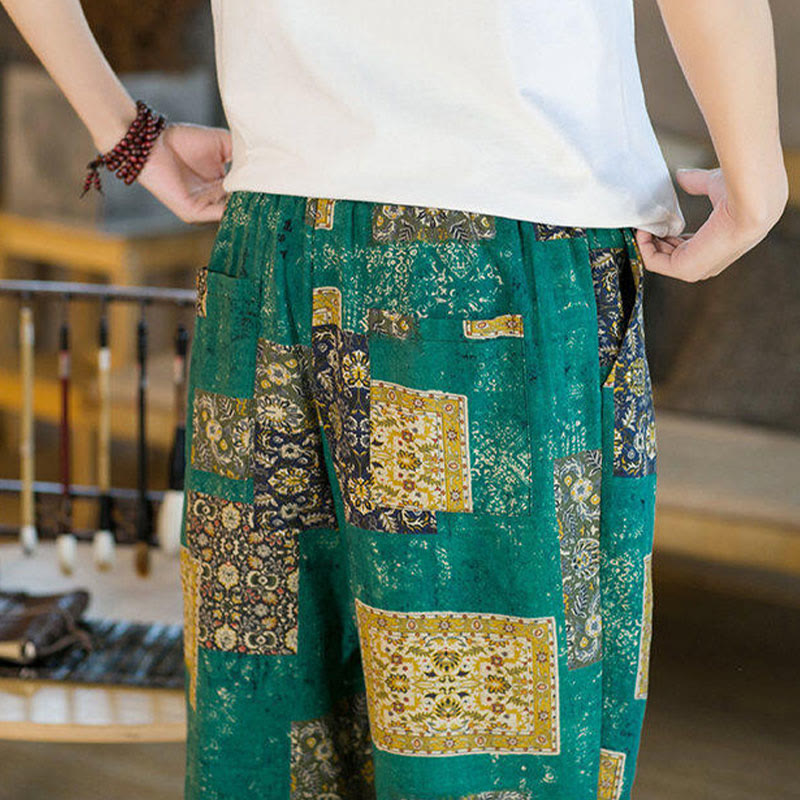 Summer Square Patchwork Cotton Linen Men's Ankle-Length Harem Pants With Pockets