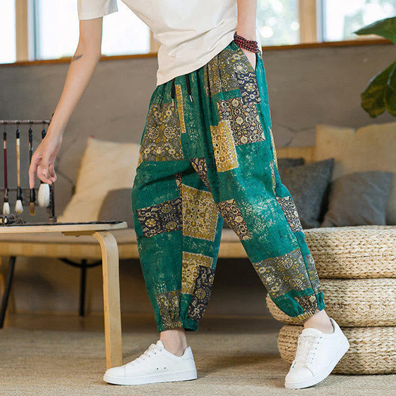 Summer Square Patchwork Cotton Linen Men's Ankle-Length Harem Pants With Pockets
