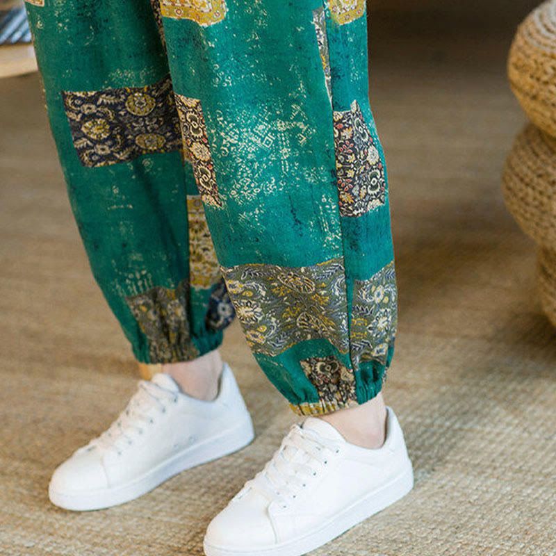 Summer Square Patchwork Cotton Linen Men's Ankle-Length Harem Pants With Pockets
