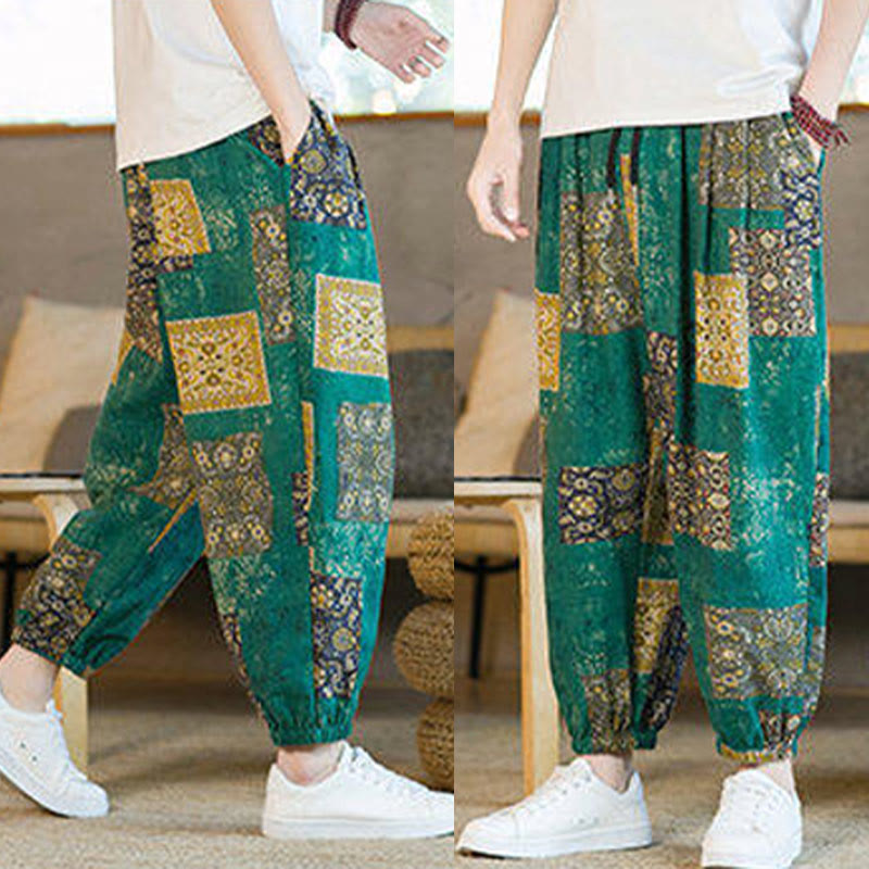 Summer Square Patchwork Cotton Linen Men's Ankle-Length Harem Pants With Pockets