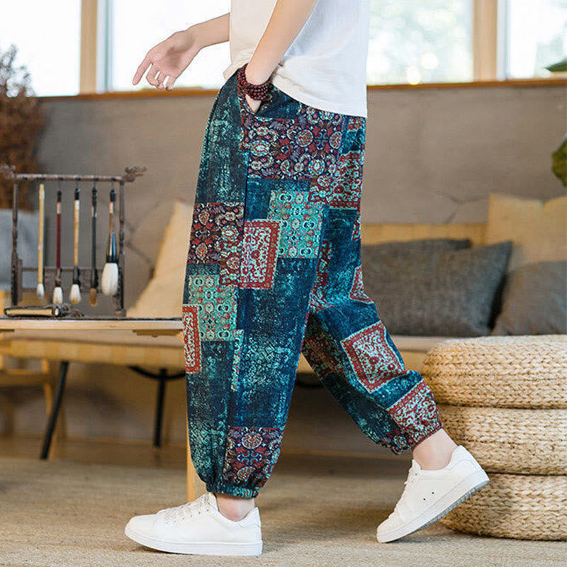 Summer Square Patchwork Cotton Linen Men's Ankle-Length Harem Pants With Pockets