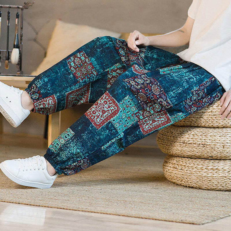 Summer Square Patchwork Cotton Linen Men's Ankle-Length Harem Pants With Pockets