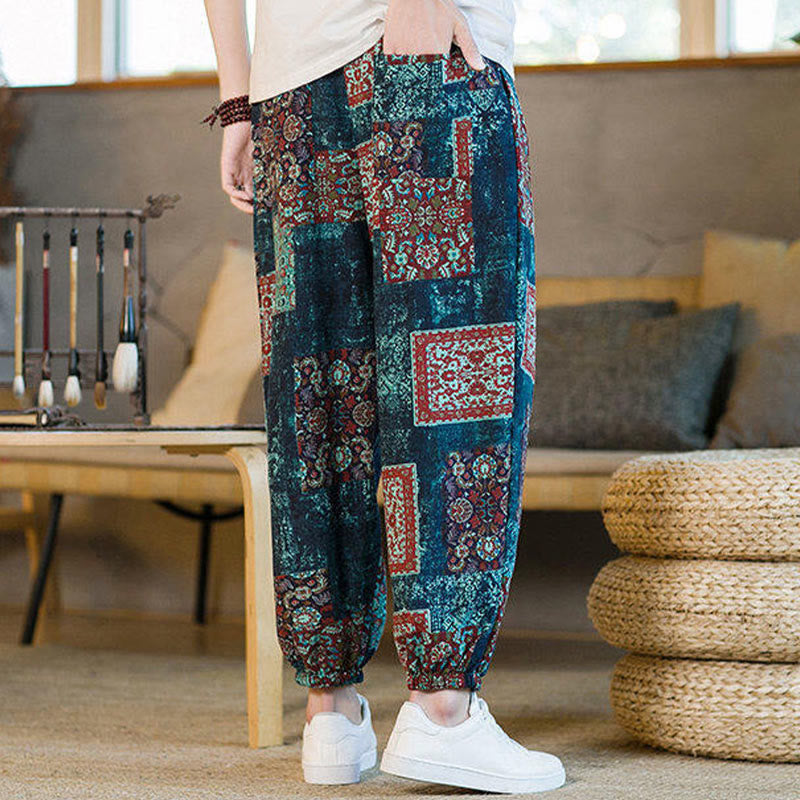 Summer Square Patchwork Cotton Linen Men's Ankle-Length Harem Pants With Pockets