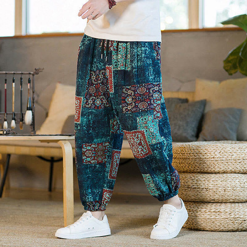 Summer Square Patchwork Cotton Linen Men's Ankle-Length Harem Pants With Pockets