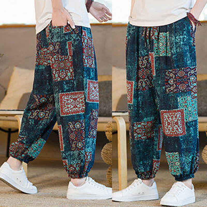 Summer Square Patchwork Cotton Linen Men's Ankle-Length Harem Pants With Pockets