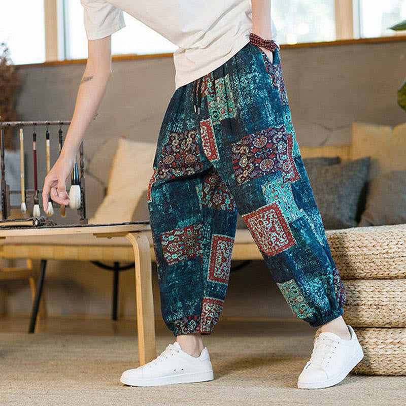 Summer Square Patchwork Cotton Linen Men's Ankle-Length Harem Pants With Pockets