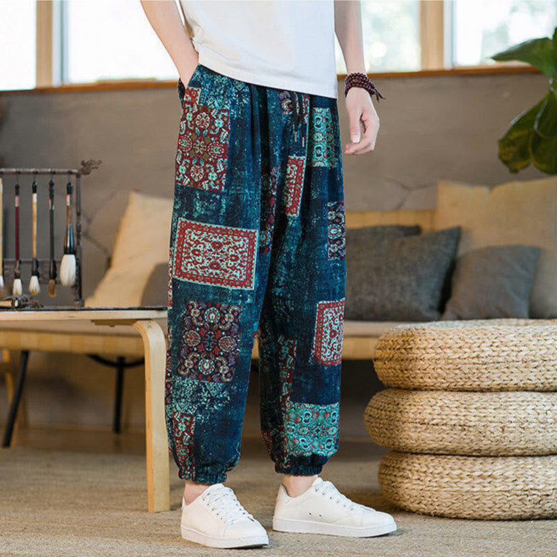 Summer Square Patchwork Cotton Linen Men's Ankle-Length Harem Pants With Pockets